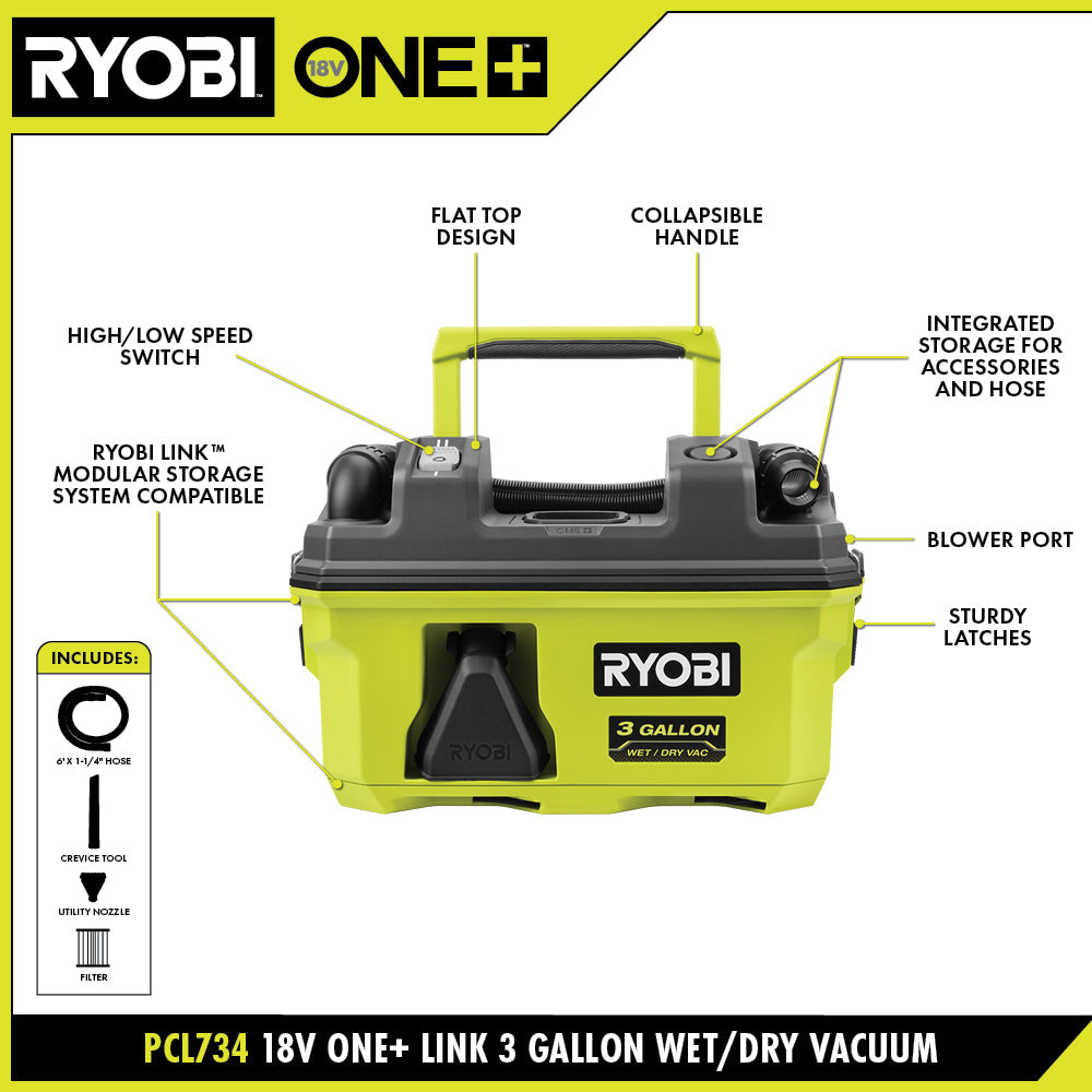 18V ONE+ LINK™ 3 GALLON WET/DRY VACUUM KIT – RYOBI Tools Canada