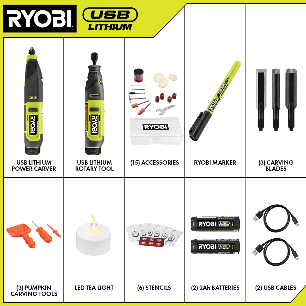 USB LITHIUM 2-TOOL COMBO KIT WITH PUMPKIN CARVING TOOLS – RYOBI