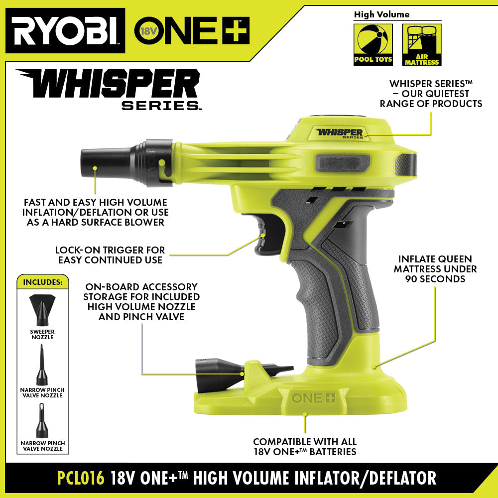 18V ONE+ WHISPER SERIES HIGH VOLUME INFLATOR KIT – RYOBI Tools Canada