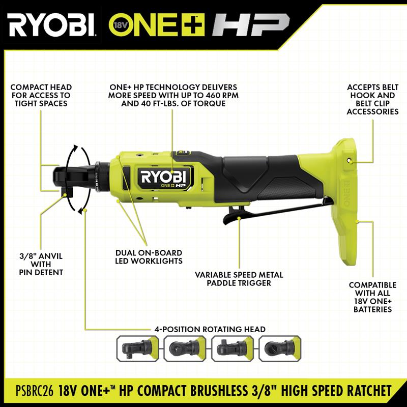 18V ONE+™ HP COMPACT BRUSHLESS 3/8" High Speed Ratchet Image 2