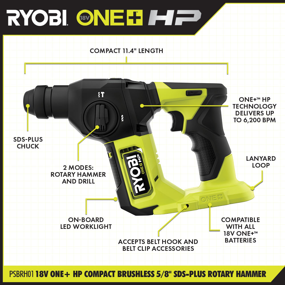 18V ONE+ HP COMPACT BRUSHLESS 5/8" SDS-PLUS ROTARY HAMMER KIT Image 3