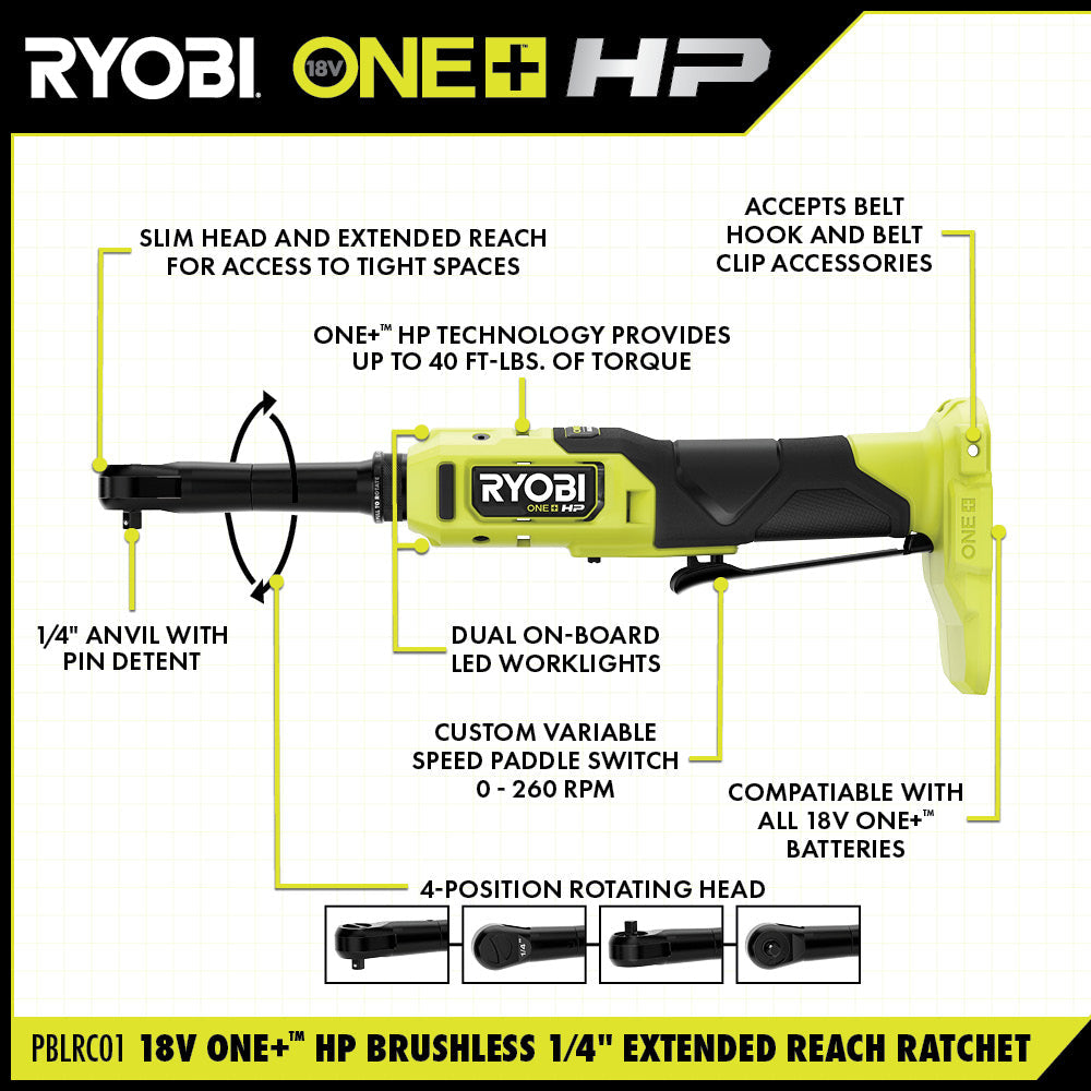18V ONE+ HP BRUSHLESS 1/4" EXTENDED REACH RATCHET Image 2