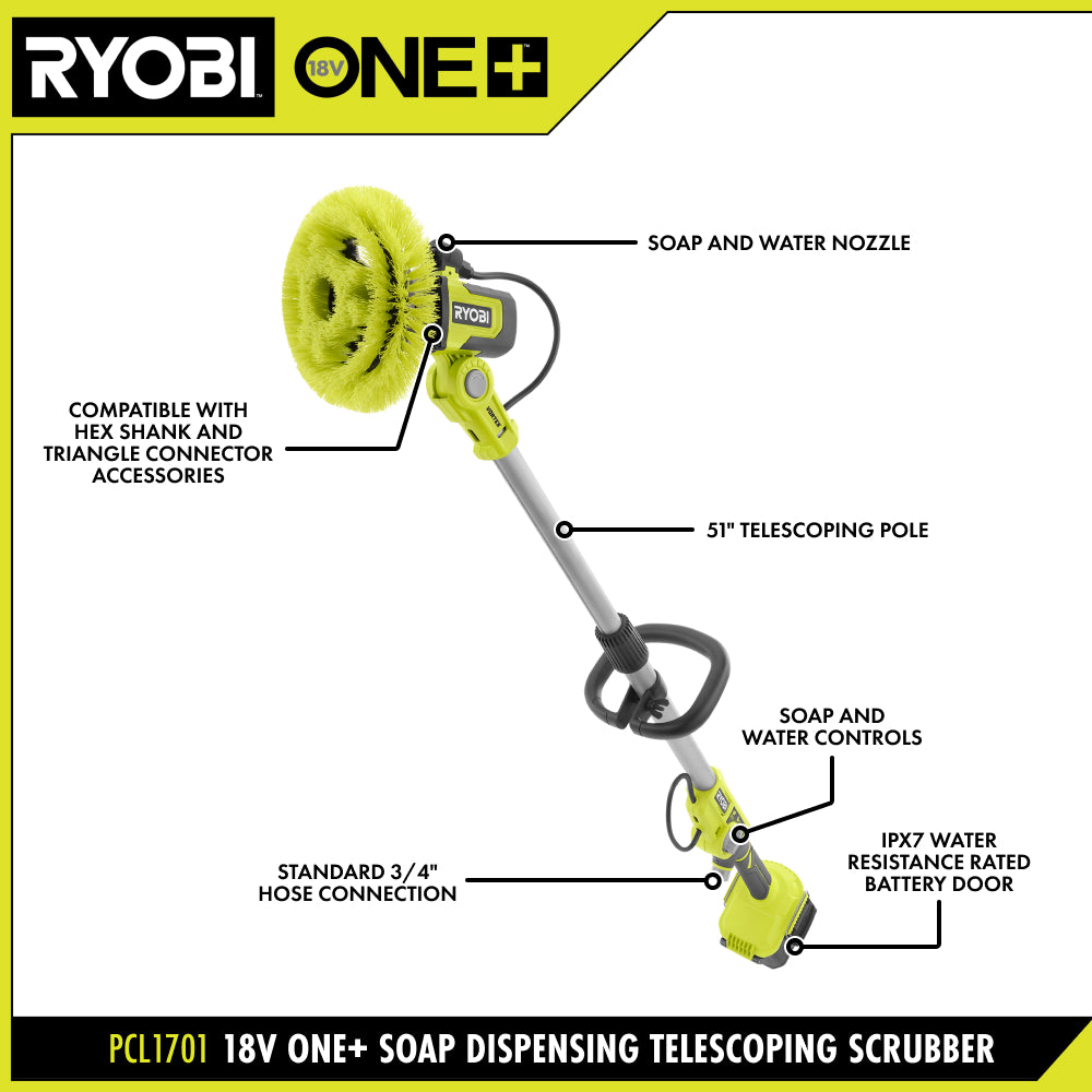 18V ONE+ VORTEX SOAP DISPENSING TELESCOPING SCRUBBER – RYOBI Tools