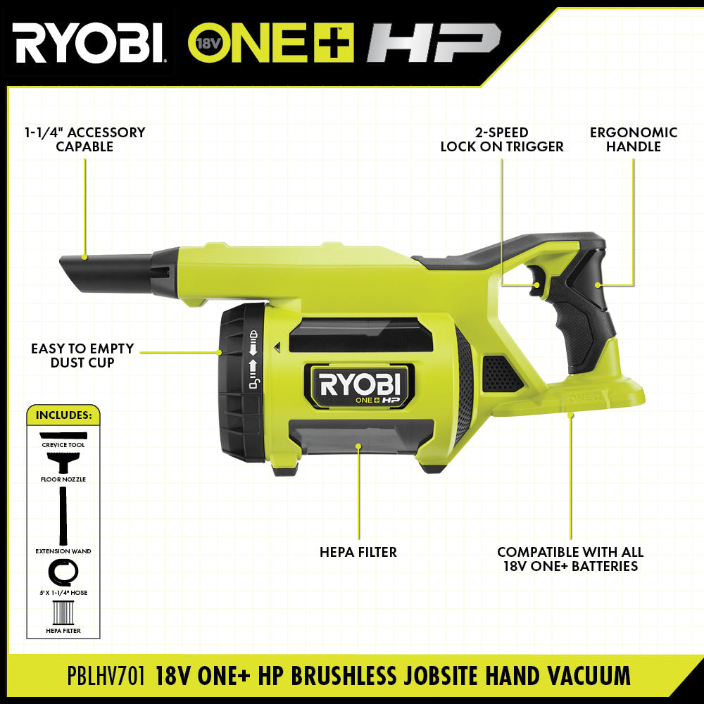 18V ONE+ HP BRUSHLESS JOBSITE HAND VACUUM – RYOBI Tools Canada