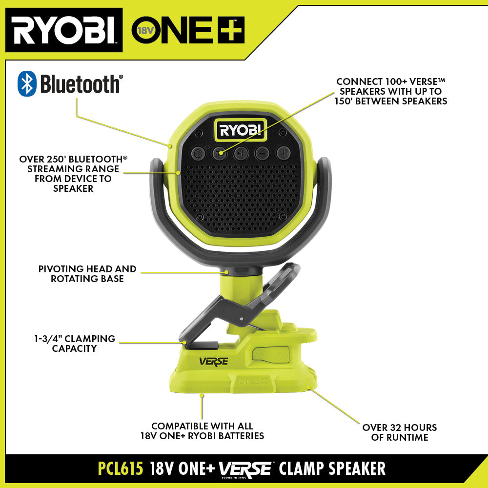 18V ONE+ VERSE™ CLAMP SPEAKER – RYOBI Tools Canada