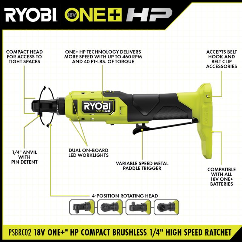 18V ONE+™ HP COMPACT BRUSHLESS 1/4" High Speed Ratchet Image 2